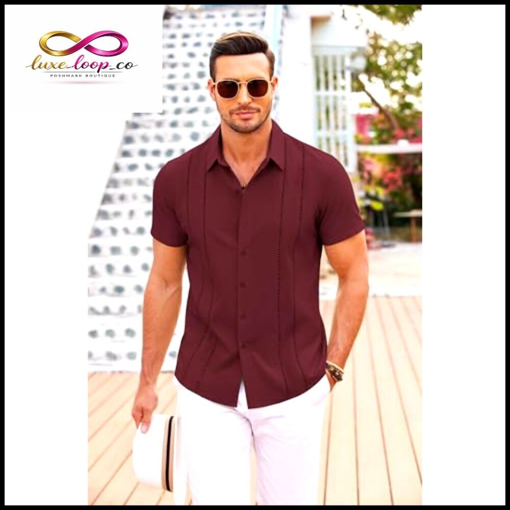 Men's Cuban Guayabera Shirt Short Sleeve Button Down Casual Summer Beach Linen - Picture 2 of 7